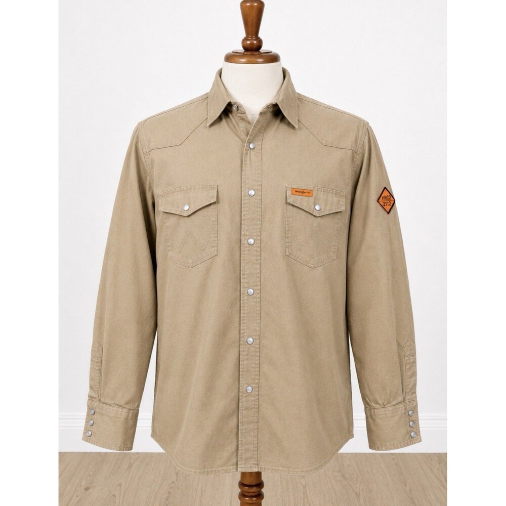 Wrangler FR Shirt Mens 3XL Flame Resistant Pearl Snap Tan Khaki FLAWS